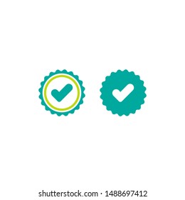 Valid Seal icons set. Blue circle with ribbon outline and squared tick. Flat OK sticker icon. Isolated on white. Accept button. Good for web and software interfaces. Vector illustration.