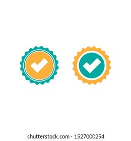 Valid Seal icons set. Blue circle with ribbon outline and squared tick. Flat OK sticker icon. Isolated on white. Accept button. Good for web and software interfaces. Vector illustration.