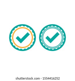 Valid Seal icons set. Blue circle with ribbon outline and squared tick. Flat OK sticker icon. Isolated on white. Accept button. Good for web and software interfaces. Vector illustration.
