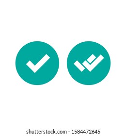 Valid Seal icons set. Blue circle with  tick and double tick. Flat OK sticker icon. Isolated on white. Accept button. Good for web and software interfaces. Vector illustration.