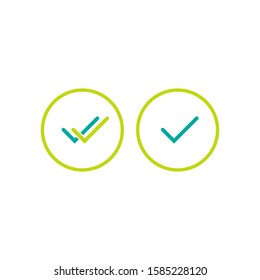 Valid Seal icons set. Green circle with  tick and double tick. Flat OK sticker icon. Isolated on white. Accept button. Good for web and software interfaces. Vector illustration.