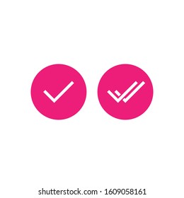 Valid Seal icons set. Pink circle with  tick and double tick. Flat OK sticker icon. Isolated on white. Accept button. Good for web and software interfaces. Vector illustration.