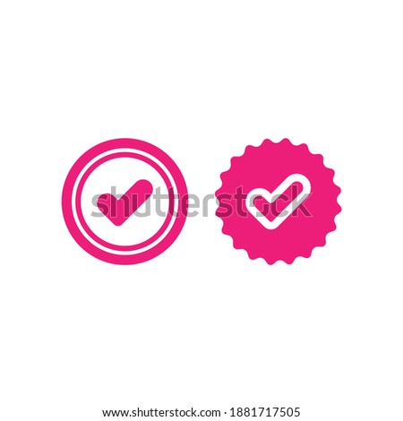 Valid Seal icons set. Pink circle with ribbon outline and tick. Flat OK sticker icon. Isolated on white. Accept button. Quality check mark. Vector illustration.