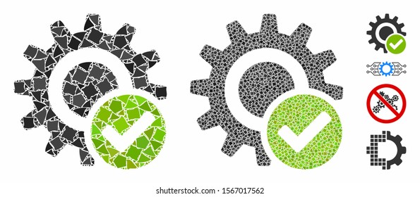 Valid settings gear mosaic of unequal parts in variable sizes and color tinges, based on valid settings gear icon. Vector unequal items are united into mosaic.