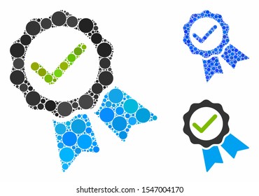 Valid stamp composition of round dots in different sizes and color hues, based on valid stamp icon. Vector round elements are united into blue composition.