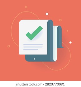Valid test report, check mark document icon modern vector, success approved paper doc form as message notification illustration, task complete checkmark tick, verified guarantee policy compliance