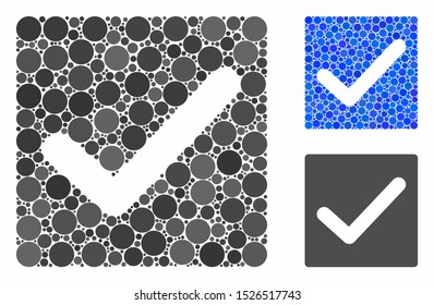 Valid tick mosaic for valid tick icon of small circles in different sizes and color tones. Vector small circles are grouped into blue collage. Dotted valid tick icon in usual and blue versions.