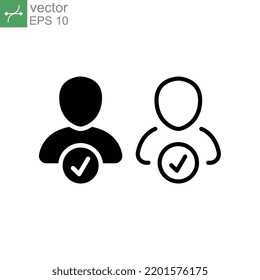 Valid user line and glyph icon. Human profile account check mark, avatar button. User authorized, Checked verified member, applied person sign Vector illustration. Design on white background. EPS 10