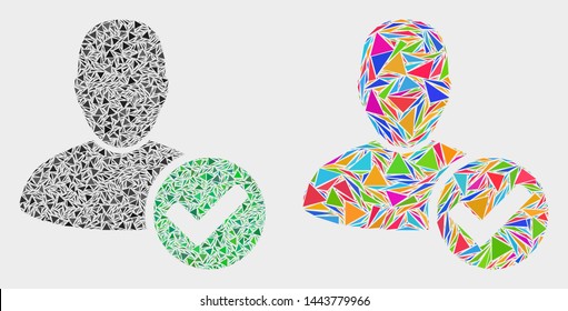 Valid user mosaic icon of triangle elements which have different sizes and shapes and colors. Geometric abstract vector illustration of valid user.