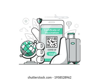 Valid vaccine mobile certificate illustration with COVID-19 online immunity health passport in line art design. Vaccination pass for travelers web or applications concept.