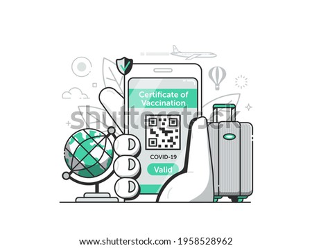 Valid vaccine mobile certificate illustration with COVID-19 online immunity health passport in line art design. Vaccination pass for travelers web or applications concept.
