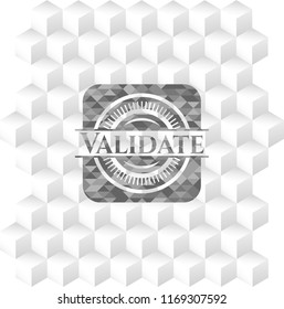 Validate grey emblem with geometric cube white background