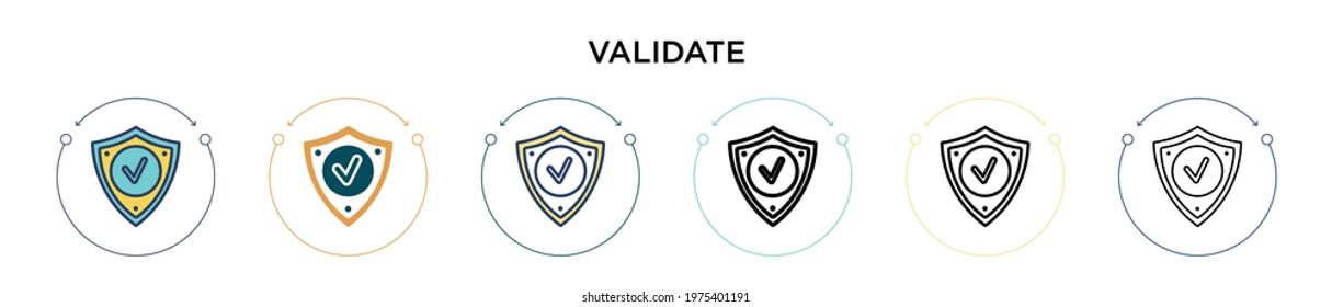 Validate icon in filled, thin line, outline and stroke style. Vector illustration of two colored and black validate vector icons designs can be used for mobile, ui, web
