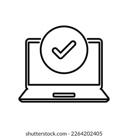 Validieren Sie Icon mit Thin-line-Laptop und Häkchen. lineares, einfaches Logotyp-Webelement, isoliert auf weiß. Konzept des einfachen Zugangs und des Programms oder des Upgrades oder der Autorisierung oder Registrierung