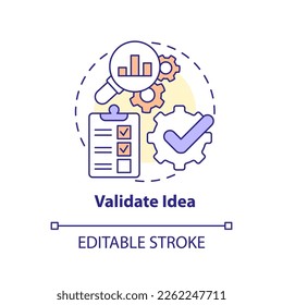 Validate idea concept icon. Analysis market. Become affiliate merchant abstract idea thin line illustration. Isolated outline drawing. Editable stroke. Arial, Myriad Pro-Bold fonts used