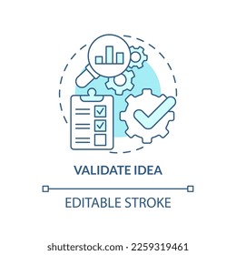 Validate idea turquoise concept icon. Analysis market. Become affiliate merchant abstract idea thin line illustration. Isolated outline drawing. Editable stroke. Arial, Myriad Pro-Bold fonts used