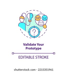 Validate your prototype concept icon. Users testing on early development stages abstract idea thin line illustration. Isolated outline drawing. Editable stroke. Arial, Myriad Pro-Bold fonts used