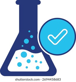 Ícone de ciência validado com bico e marca de verificação para resultados aprovados pelo laboratório