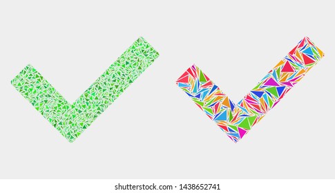 Validated tick mosaic icon of triangle items which have various sizes and shapes and colors. Geometric abstract vector illustration of validated tick.