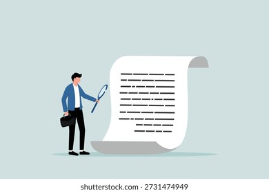 Validar Acuerdos o contratos, análisis financiero o presupuestario, buscar archivos de documentos, empresarios o gerentes con Grandes lupas que examinen documentos en papel.