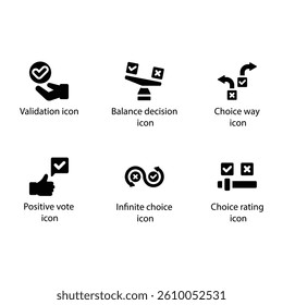 Validation, Balance, Choice way, Positive vote, Infinite choice, Choice rating, Black Icon Set