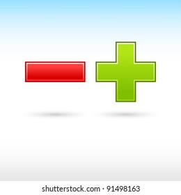 Validation button red minus and green plus web icon mathematical sign with shadow on white background