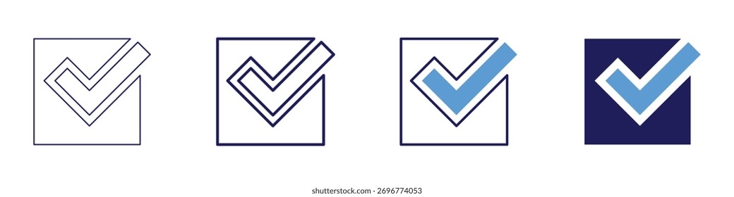 Ícone de verificação de validação em 4 estilos diferentes. Linha Fina, Linha, Linha Negrito, Duotônico. Estilo duotônico. Traçado editável.