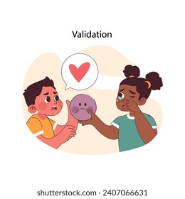 Validation concept. Two children engage in emotional communication, with one offering a comfort toy to another to foster understanding and care. Flat vector illustration