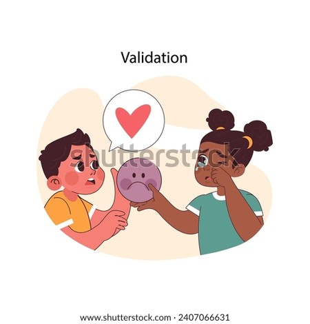Validation concept. Two children engage in emotional communication, with one offering a comfort toy to another to foster understanding and care. Flat vector illustration