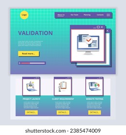 Validation flat landing page website template. Project launch, client requirement, website testing. Web banner with header, content and footer. Vector illustration.