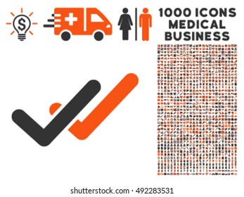 Validation icon with 1000 medical business orange and gray vector pictographs. Design style is flat bicolor symbols, white background.