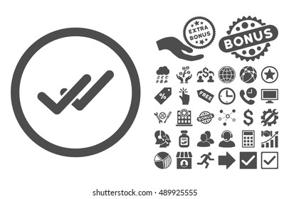 Validation icon with bonus symbols. Vector illustration style is flat iconic symbols, gray color, white background.