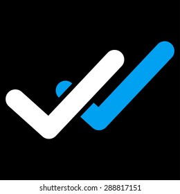 Validation icon from Business Bicolor Set. This flat vector symbol uses blue and white colors, rounded angles, and isolated on a black background.