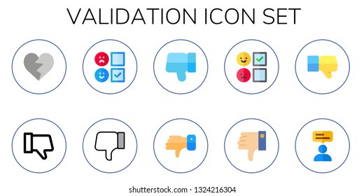 validation icon set. 10 flat validation icons.  Collection Of - dislike, review