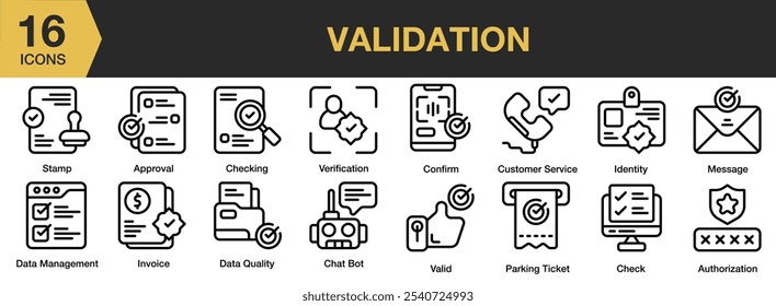 Conjunto de ícones de validação. Inclui aprovação, autorização, boot de chat, verificação, confirmação, atendimento ao cliente e muito mais. Contornar coleção de vetores de ícones.