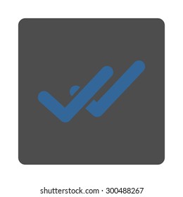 Validation icon. This flat rounded square button uses cobalt and gray colors and isolated on a white background.