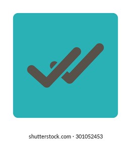 Validation icon. This flat rounded square button uses grey and cyan colors and isolated on a white background.