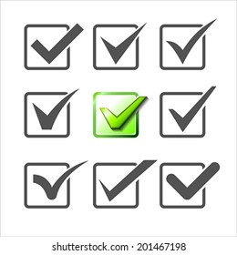 Validation Icons Set Of Nine Different Check Marks.  Vector Illustration.