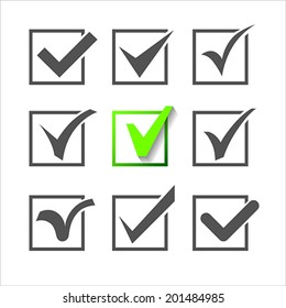 Validation icons set of nine different check marks.  Vector Illustration. 