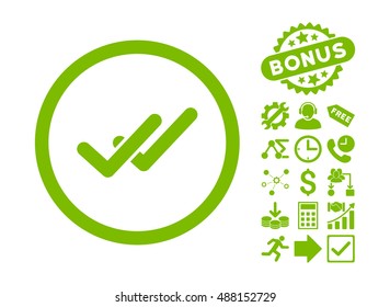Validation pictograph with bonus pictures. Vector illustration style is flat iconic symbols, eco green color, white background.