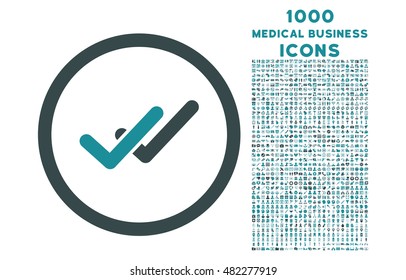 Validation rounded vector bicolor icon with 1000 medical business icons. Set style is flat pictograms, soft blue colors, white background.