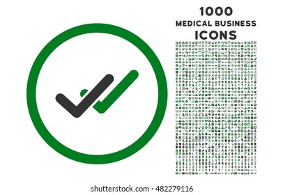 Validation rounded vector bicolor icon with 1000 medical business icons. Set style is flat pictograms, green and gray colors, white background.