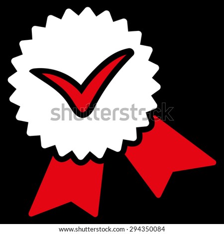 Validation seal icon from Competition & Success Bicolor Icon Set. Vector style: flat bicolor symbols, red and white colors, rounded angles, black background.