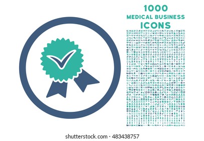 Validation Seal rounded vector bicolor icon with 1000 medical business icons. Set style is flat pictograms, cobalt and cyan colors, white background.
