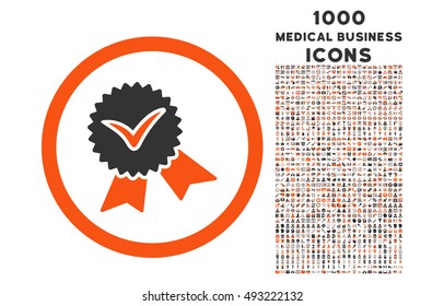 Validation Seal rounded vector bicolor icon with 1000 medical business icons. Set style is flat pictograms, orange and gray colors, white background.