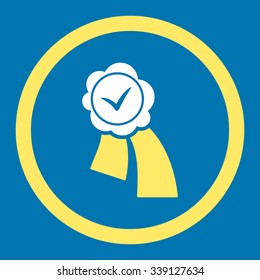 Validation Seal vector icon. Style is bicolor flat rounded symbol, yellow and white colors, rounded angles, blue background.