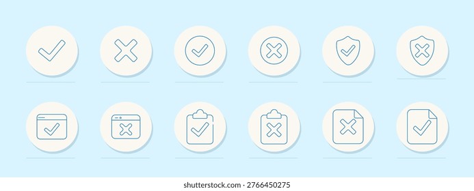 Validation set icon. Linear pack with check mark, cross symbol, circle approval, shield tick, shield cross, window confirm, window cancel, clipboard verify, clipboard reject, document deny, document