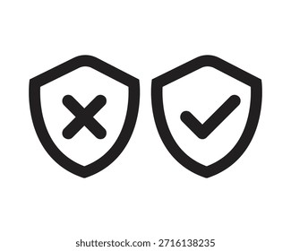 Validation Shield Icons mit Häkchen und X Symbolen für Sicherheit und Status Feedback - Hochwertiges Vektorgrafik-Stockbild