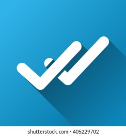 Validation Vector Toolbar Icon For Software Design. Style Is A White Symbol On A Square Blue Background With Gradient Long Shadow.