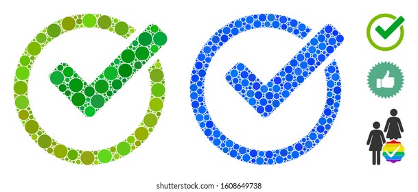 Validity composition of filled circles in variable sizes and color tones, based on validity icon. Vector filled circles are organized into blue composition.